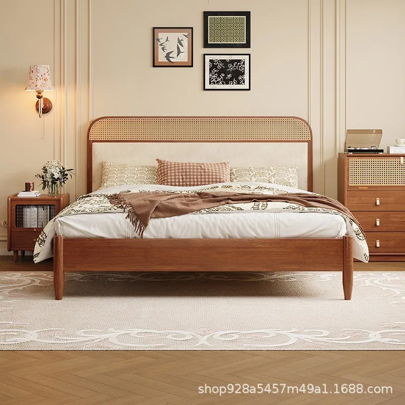 American all solid wood simple modern rattan bedroom rental bed and breakfast room double bed single bed integrated low box sile
