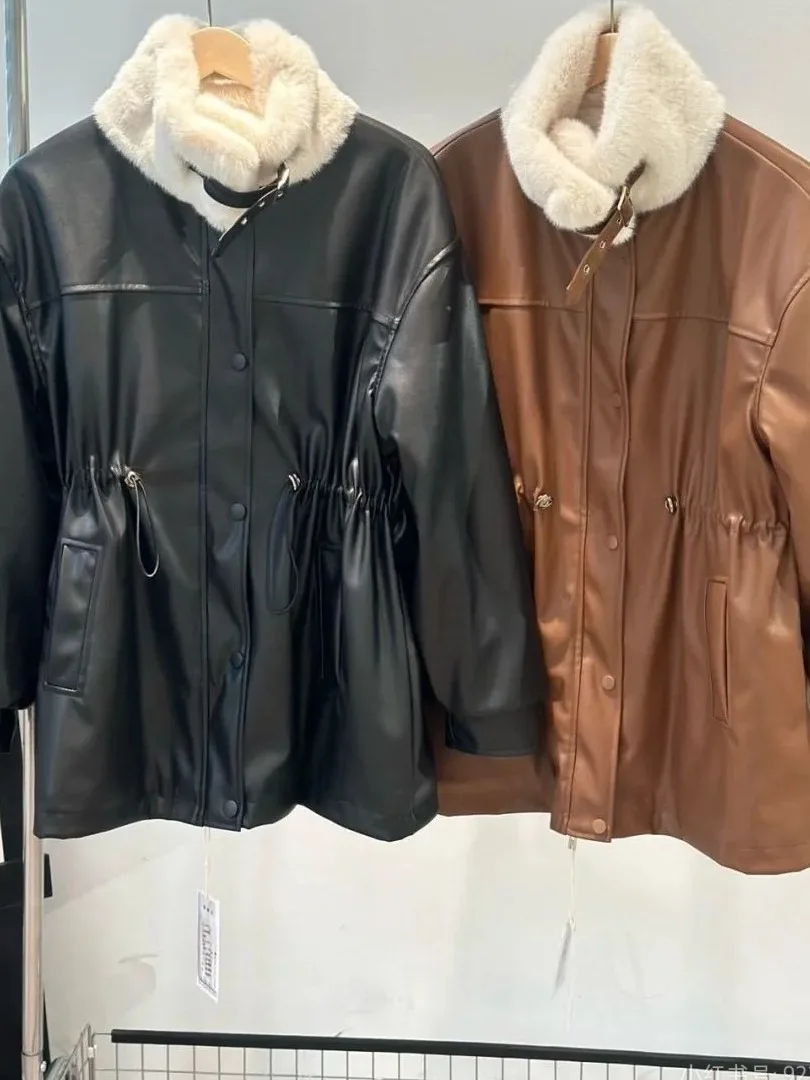 冬の新作 Dstring ウエストシェイプ ミドル丈 ティーンエイジ風 レザー風ジャケット レディース 香港風 スレ レトロ アウター