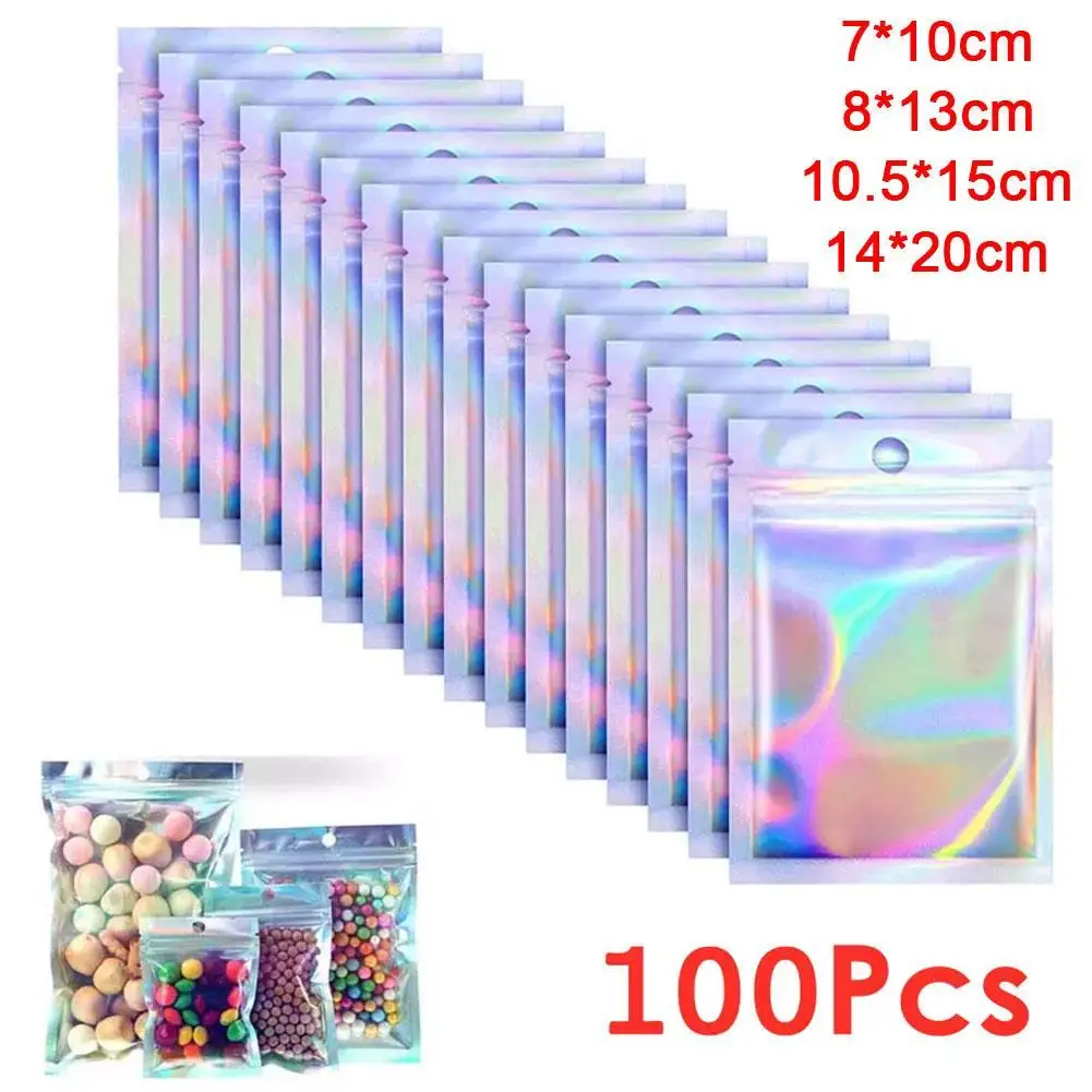 100pcs Thicken Mylar Holographic Laser Color Plastic Packaging Reusable Moisture-proof Jewelry Storage Pouch Gift Lock Bag