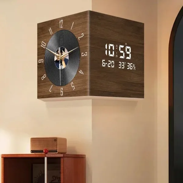 

Retro Dual-Sided Wall Clock, Vinyl-Style Corner Timepiece, Silent Mechanism Calendar Clock, Perpetual Digital Display