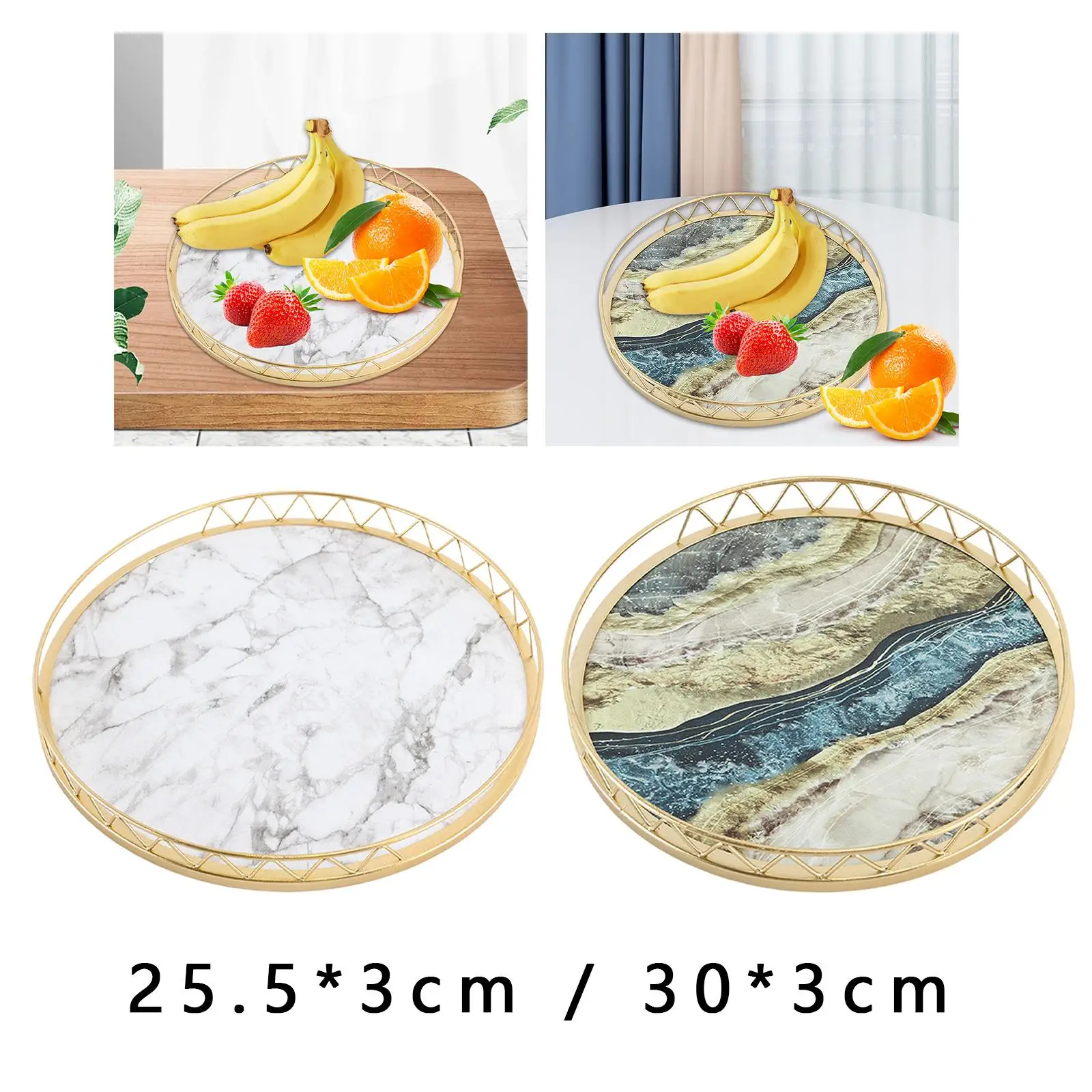 Marble Texture Tray Desktop Organizer Tray Jewelry Storage Holder Round Makeup