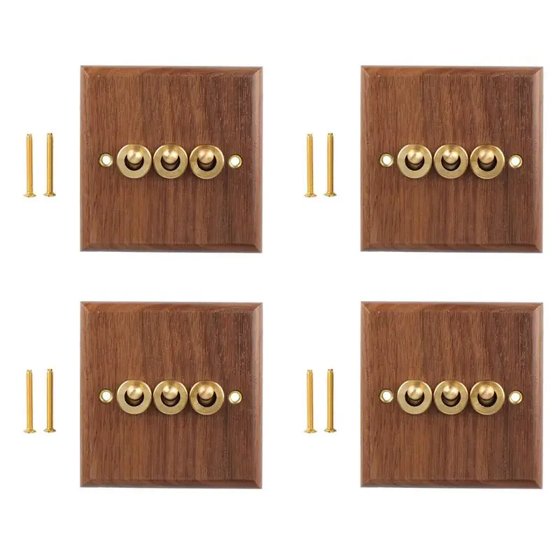 SQPP-4X Retro American Industrial Style Light Switch Socket,Solid Wood Brass Toggle Switch Plate, Antique Home Stay Switch(3)