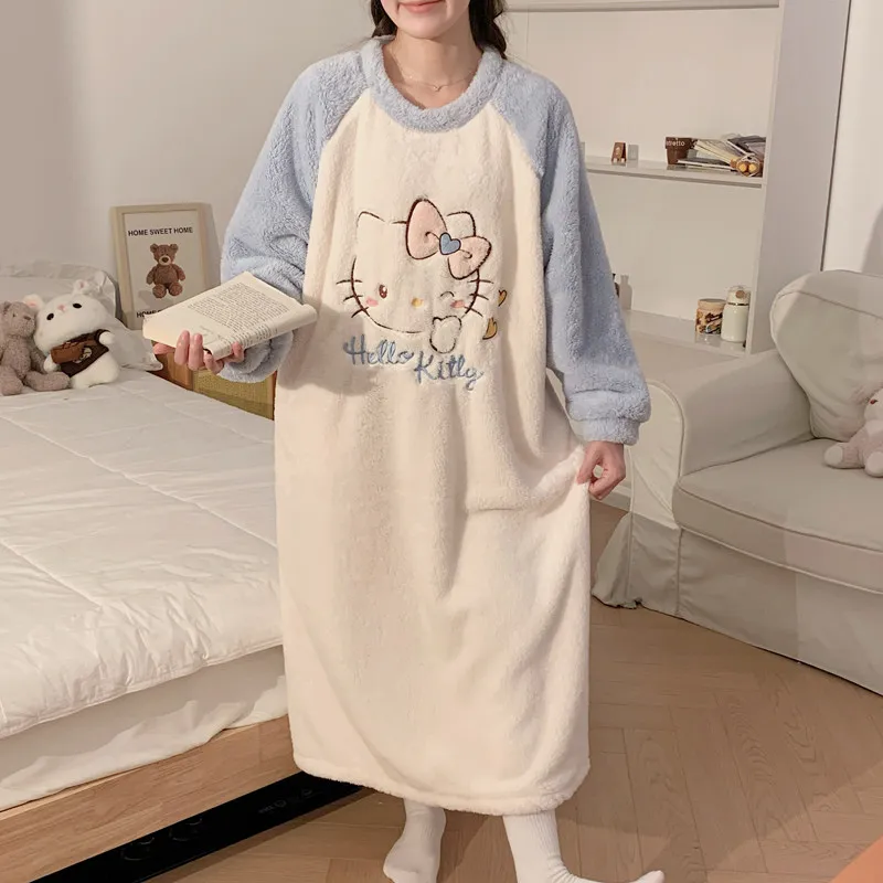Sanrio Nightgown Women's Autumn and Winter Coral Fleece Sleepwear Warm Flannel Cute Hello Kitty Home Clothes