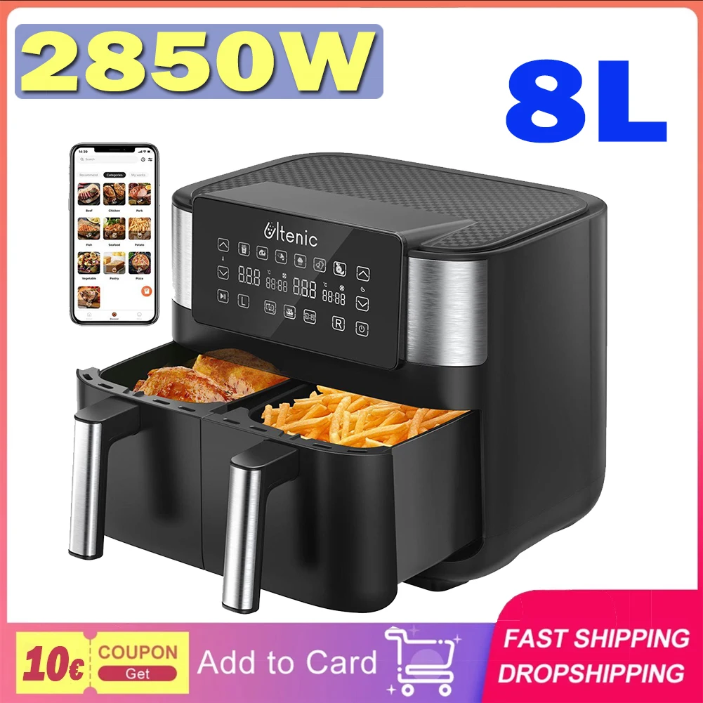 Ultenic K20 Dual Basket Air Fryer, 8L Capacity, Dual Independent Cooking Zone, 100 Online Recipes, Digital Display