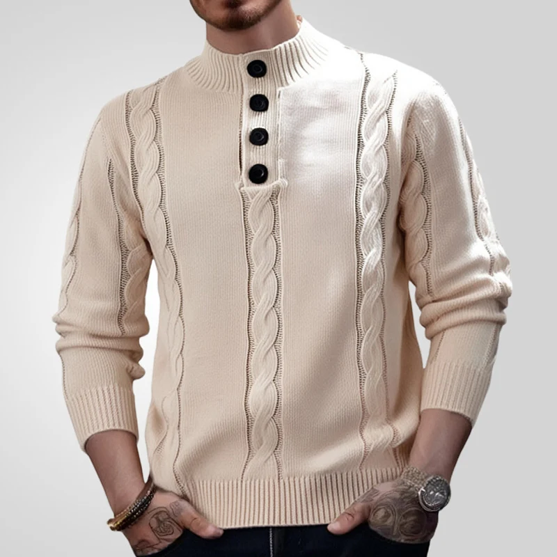 Vintage Twist Crochet Mens Sweaters 2024 Autumn Casual Slim Buttoned Stand Collar Sweater For Men Fashion Solid Color Knit Tops