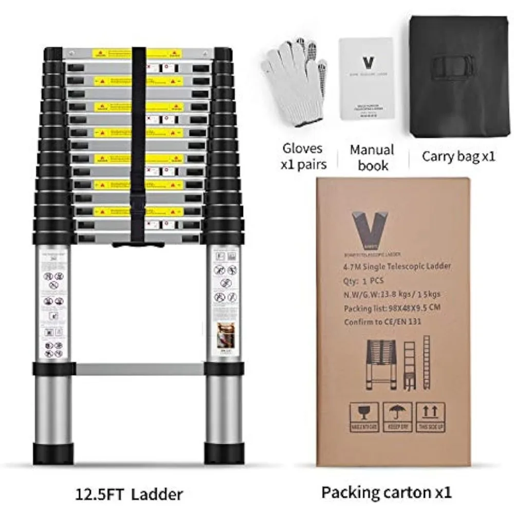 Échelle télescopique en aluminium avec sac de transport, échelle d'extension, 15,5 pieds, utilisation en extérieur et en intérieur, robuste et durable