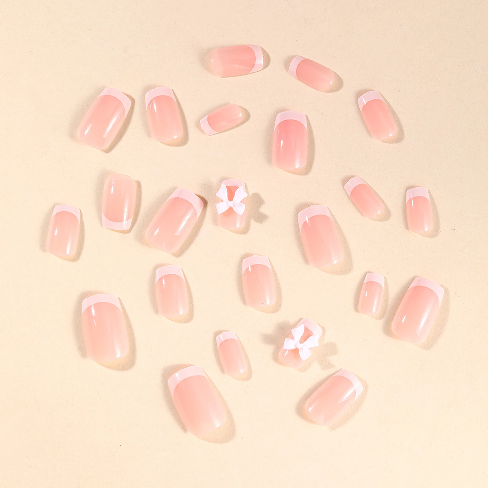 24pcs Simple White French Press On Nails Sweet 3D Bowknots Designs Short Square Fake Nails Full Cover Daily False Nail For Girls