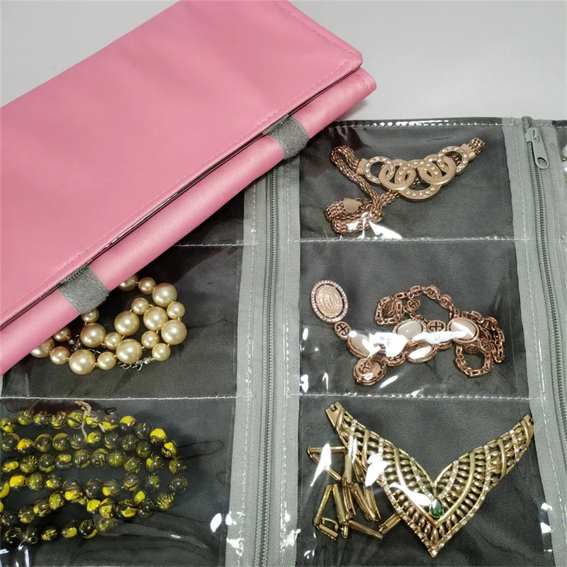 

Pink PU Leather Lining Grey Velvet Jewelry Roll Bag Transparent Pvc Glue Separation Necklace Bracelet Ring Bracelet Storage Bag