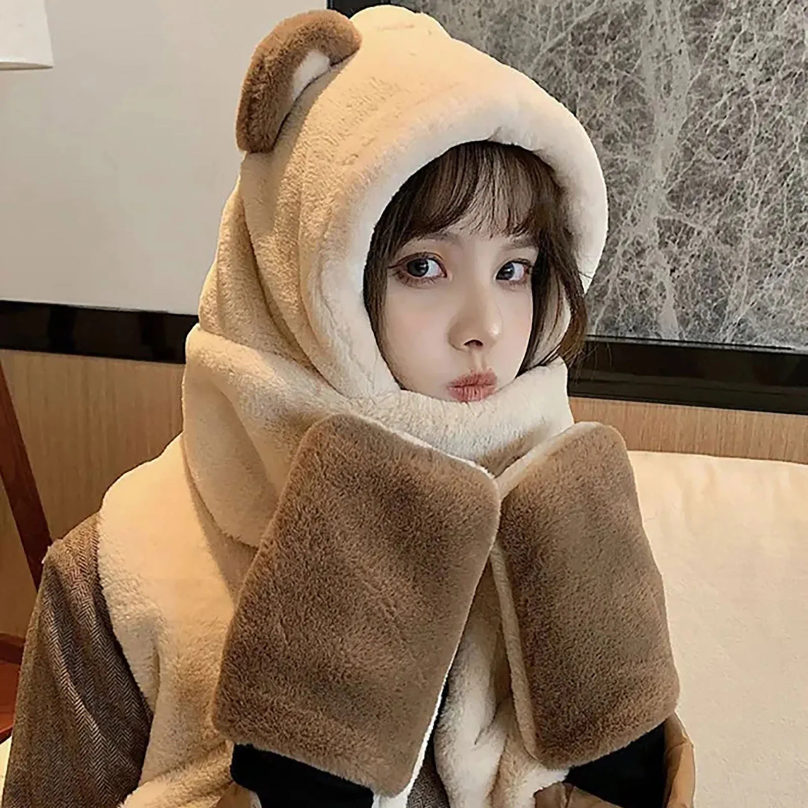 Cute Bear Ear Hooded Scarf Winter Warmth Plush Integrated Scarf Winter Warmth Hat Women Cold Weather Windproof Mitten 2026 T1