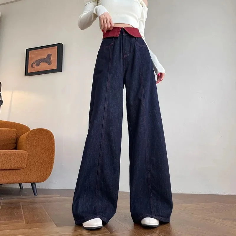 Lady Fashion Flanging Cowboy Trousers Korean Female High Waist Casual Wide Leg Jeans Pants Autumn Women Straight Denim Pantalons