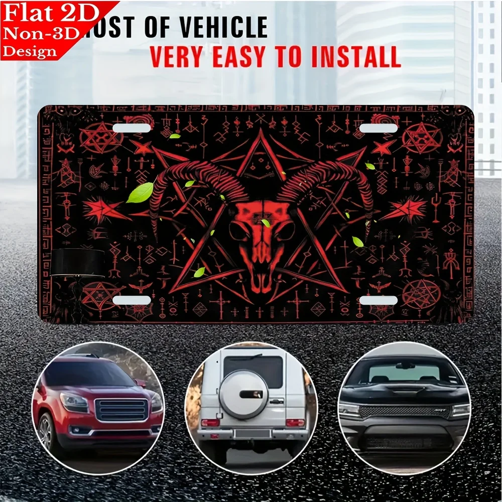 2D flat, 1pc Devil skull with pentagram and symbols Aluminum License Plate, 6x12in Scratch-resistant UV Printing, Decorative Car
