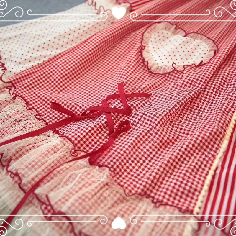 Vintage Kawaii Lolita Mori Girl Heart Stripe Polka Dot Black A-Line Maxi Skirt Summer Sweet Cute Red Ruffle Long Skirt for Women