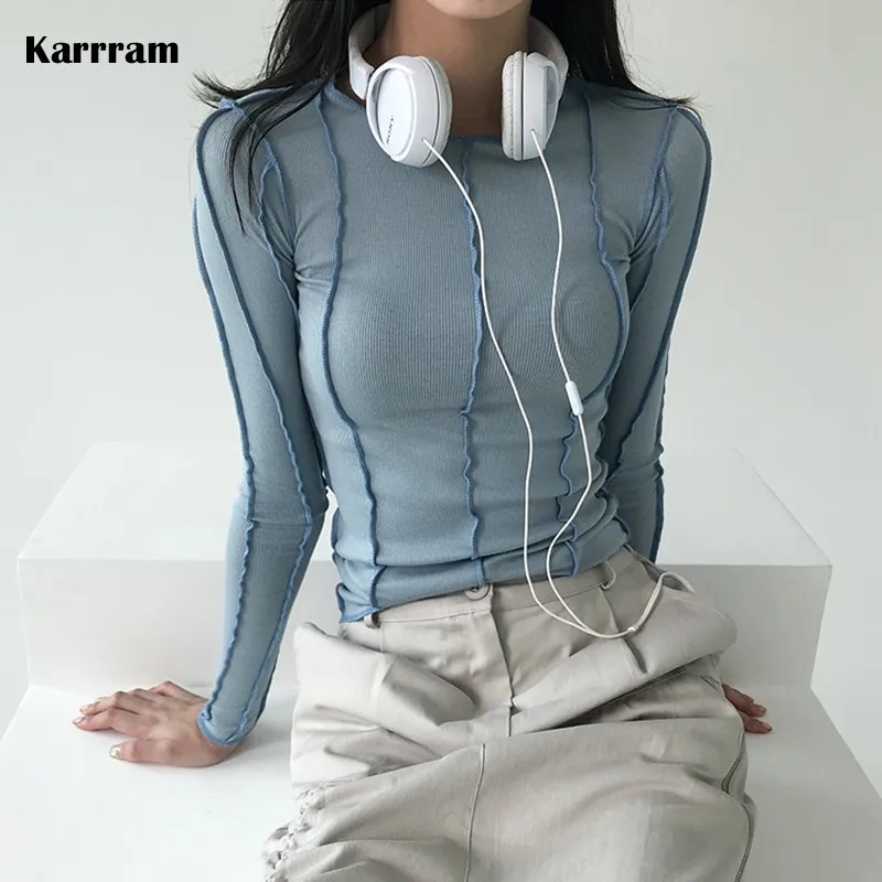 Karrram Korean Fashion Ribbed T-shirts Sexy Slim Long Sleeve Tshirts Chic Streetwear Kpop Designer Clothes Solid Tight Tops Y2k