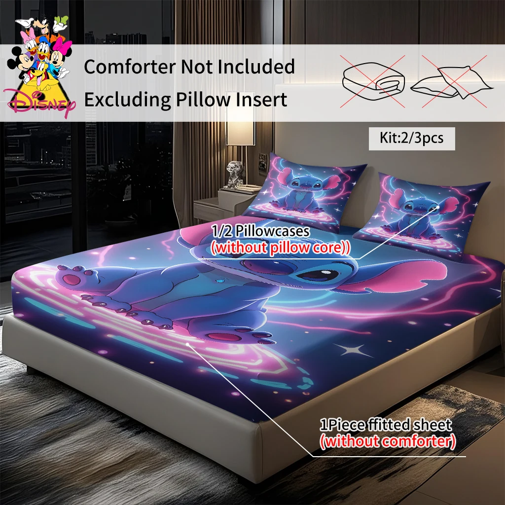 2/3pcs Disney Cyber Neon Stitch Fitted Sheet Set Digital Print Comfortable Cute Soft Comfortable Cute Soft
