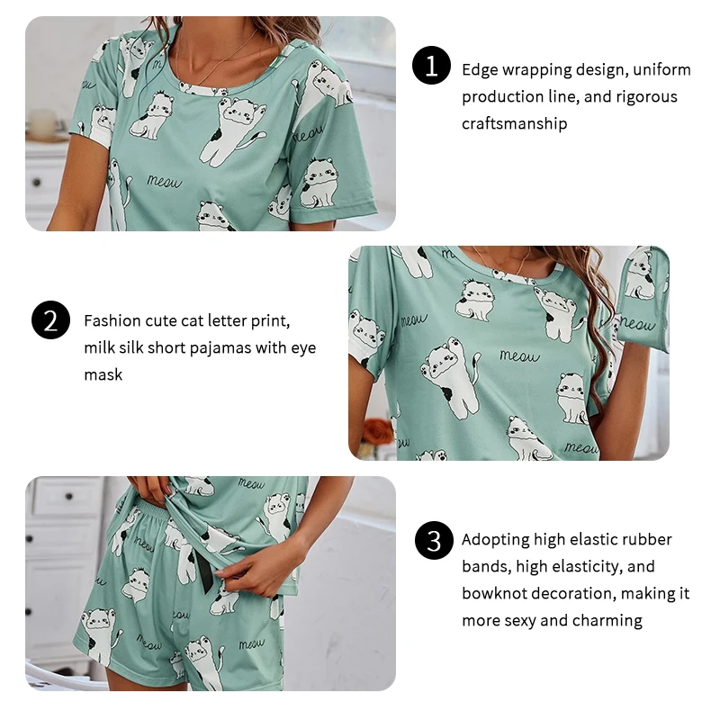 Pyjama-Set für Damen Kurzarm-Nachtwäsche-Top und Hose Nachtwäsche 3-teilige Pyjamas mit Cartoon-Print Nachtwäsche Nachtwäsche