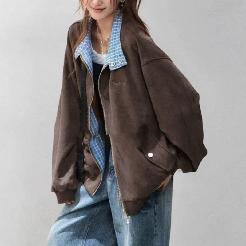 

American Plaid Splicing Suede Jacket Women Spring Autumn New Loose Baseball Uniform Casual Jacket