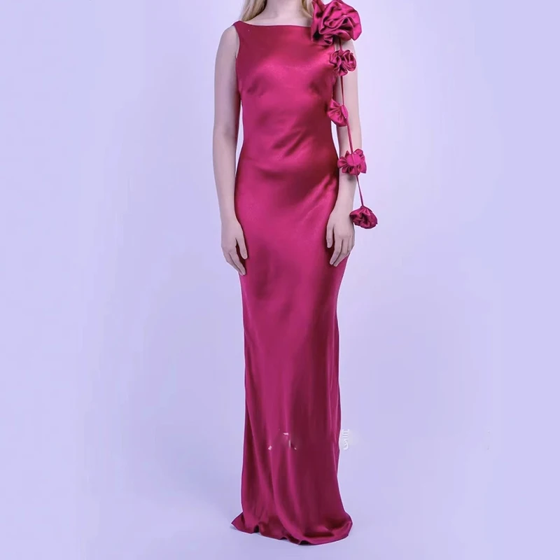 

Fashion Stereoscopic Floral Halter Evening Dress Sexy Backless Sleeveless Slim Long Dress Elegant Solid Color Mermaid Prom Gown
