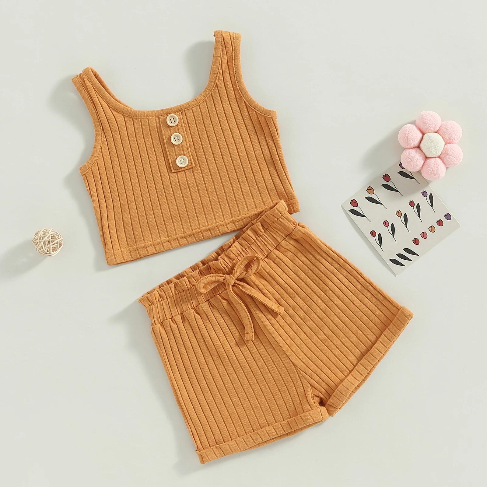 Toddler Kids Baby Girls Summer Outfit 2Pcs Set Solid Color Button Vest + Ribbed Drawstring Shorts 6M-4T