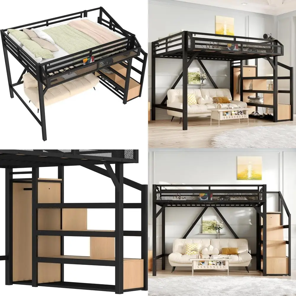 Convertible Storage Stairs Loft Bed with Shelves, Built-in Wardrobe, USB Ports, LED Lights - Suitable for Boys, Girls, Adults, E