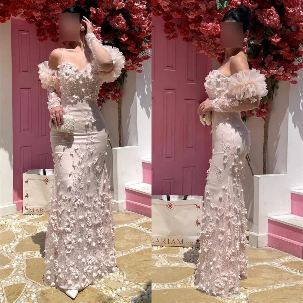 

Customized Saudi Arabia Evening Dress Formal Sweetheart Sheer Straps A-line Floor Length Skirts Flower Bespoke Occasion Dresses