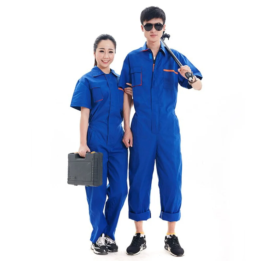 High quality Workshop Wear Clothes Unisex Summer Short Sleeves Engineering Uniform Patchwork Siamese   Cleaner Work Wear blue