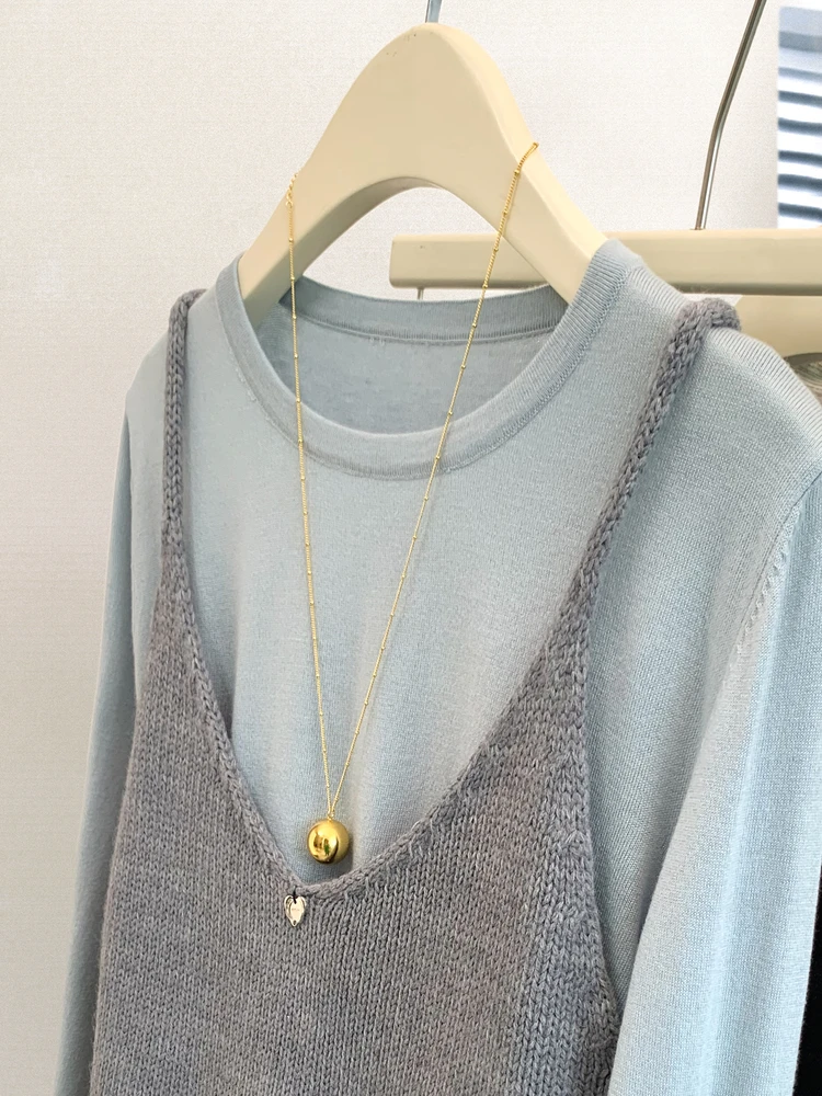 

Свободный вязаный длинный женский высококачественный многослойный костюм Long Sve Base irt, корейский топ 80-200 Pou из искусственного двух предметов