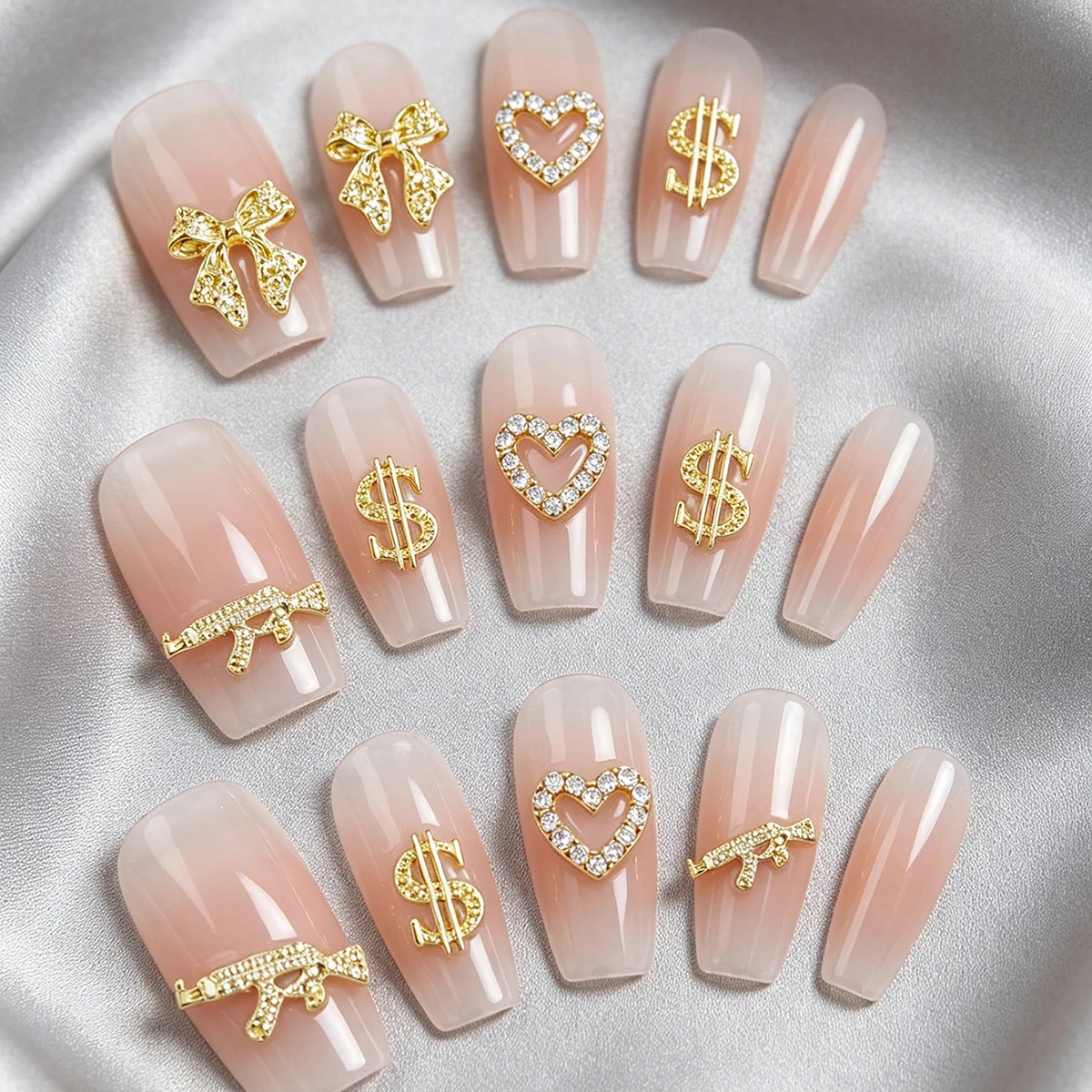 20 Pieces of 3D Gold Nail Art Decorations - Heart-Shaped, Bow-Shaped, Gun-Shaped, and Dollar Sign Rhinestone Decorations, Suitable for Nails/Toes, Perfect for Parties, Weddings, and Balls, Long-Lasting Sparkle