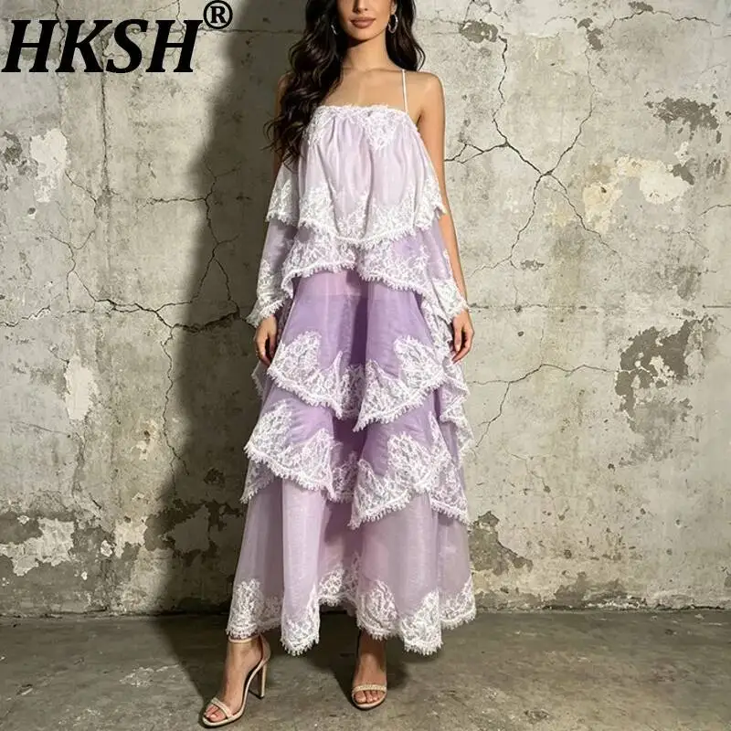 HKSH Women Long Dress Strap Multi-layer Gradient Color Block Patchwork Lace Elegant High-end Casual Trend Dresses Summer HK23179