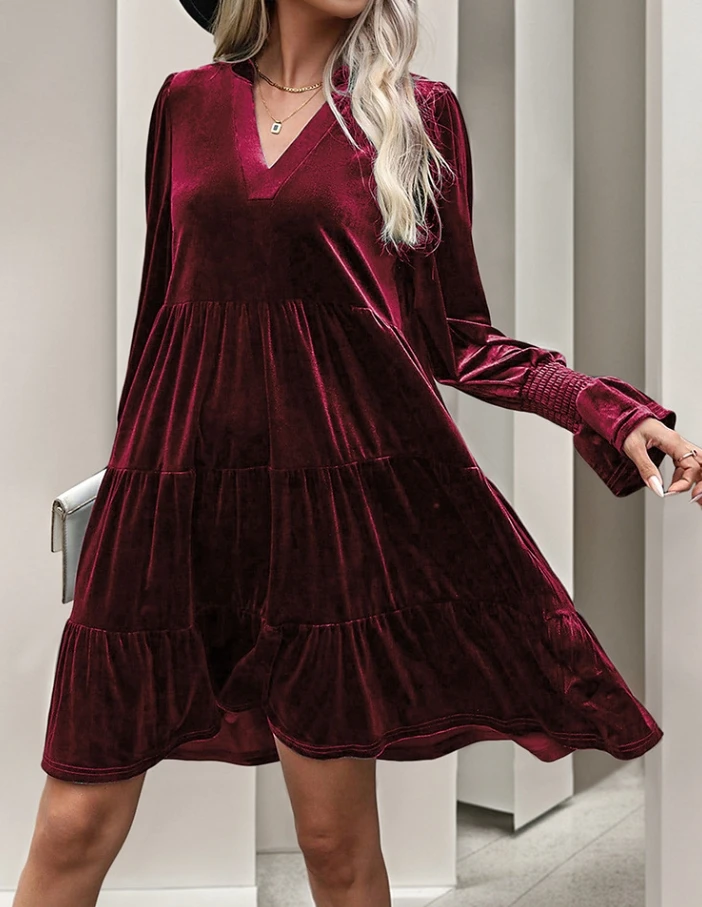 

Womens Dress Temperament Commuting Solid Color Velvet V-neck Long Sleeve Formal Autumn and Winter Casual Loose A-line Mini Dress