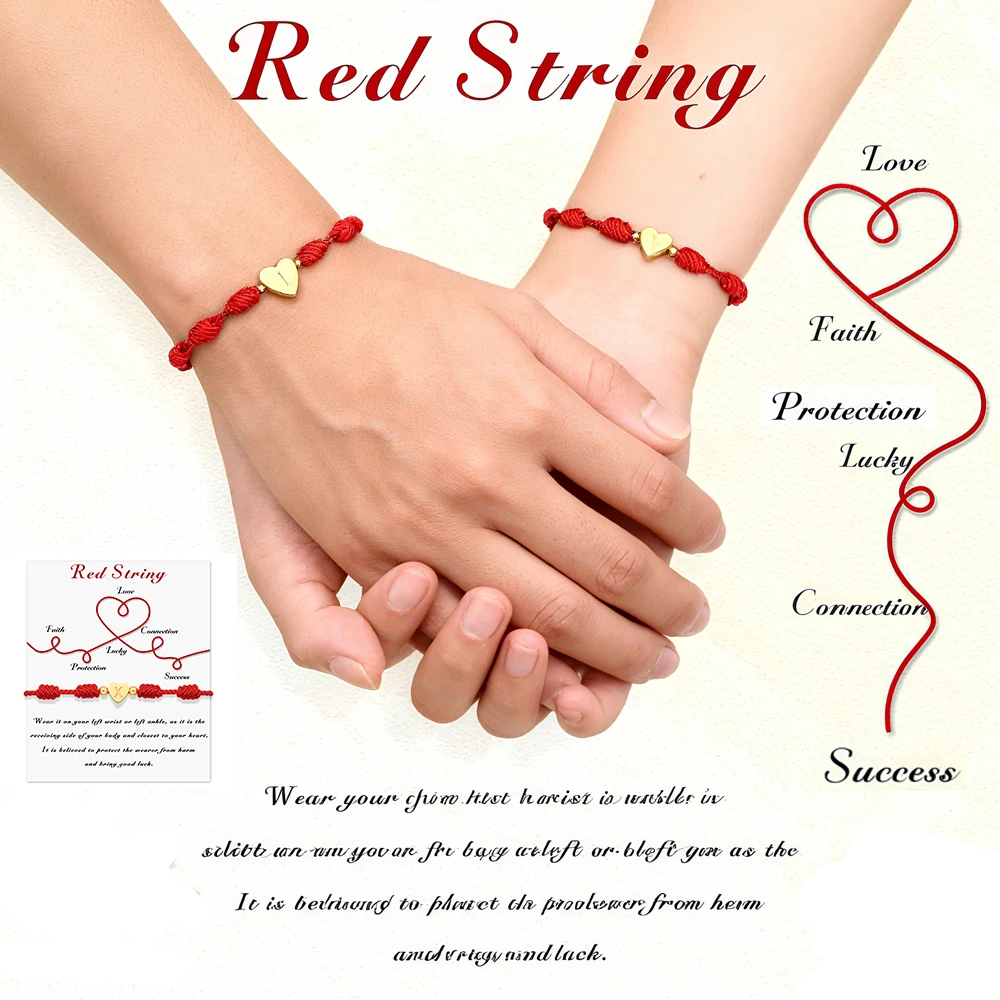 Pulsera de hilo rojo de 7 nudos, pulseras de corazón de A-Z iniciales de 26 letras para mujeres y hombres, amuleto de la suerte, joyería hecha a mano