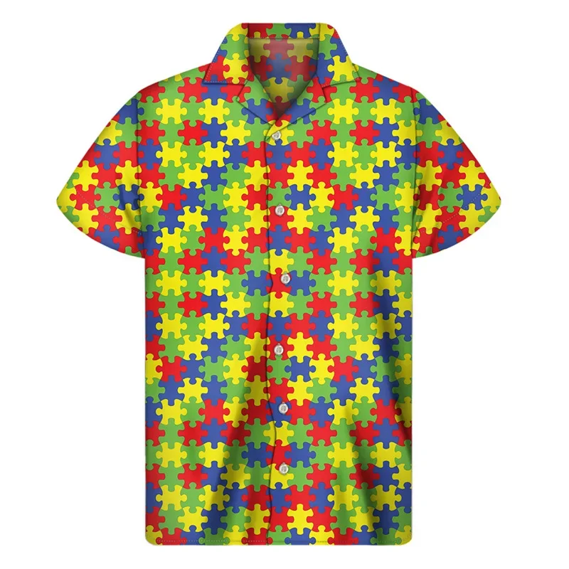 Camisa hawaiana con estampado 3D de Aloha para hombres y mujeres, camisetas de manga corta con botones y solapa de calle, rompecabezas de concienciación sobre el autismo, Verano