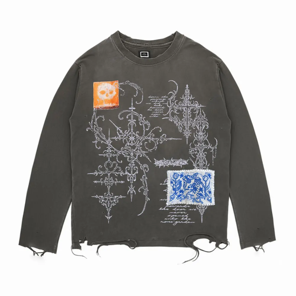Dark Retro Splicing Long Sleeve T-Shirt Vintage Style Thorns Print Lazy Subculture Top Wearing Spring 2026 Fashion Accessory