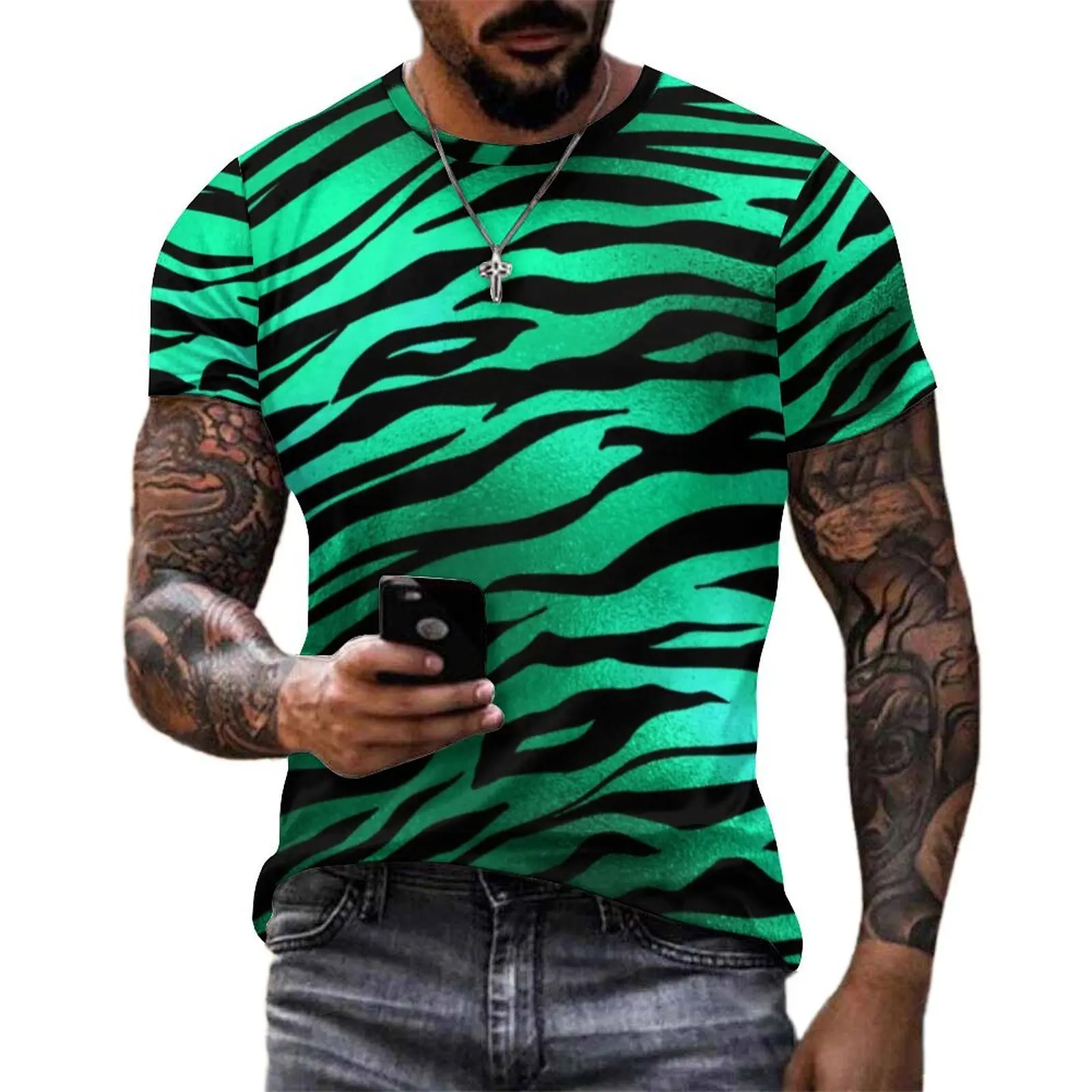 Green Tiger Print T Shirt For Men Wild Animals O Neck T Shirts Summer Trending Clothing Short-Sleeve Casual Oversized Tees Gift
