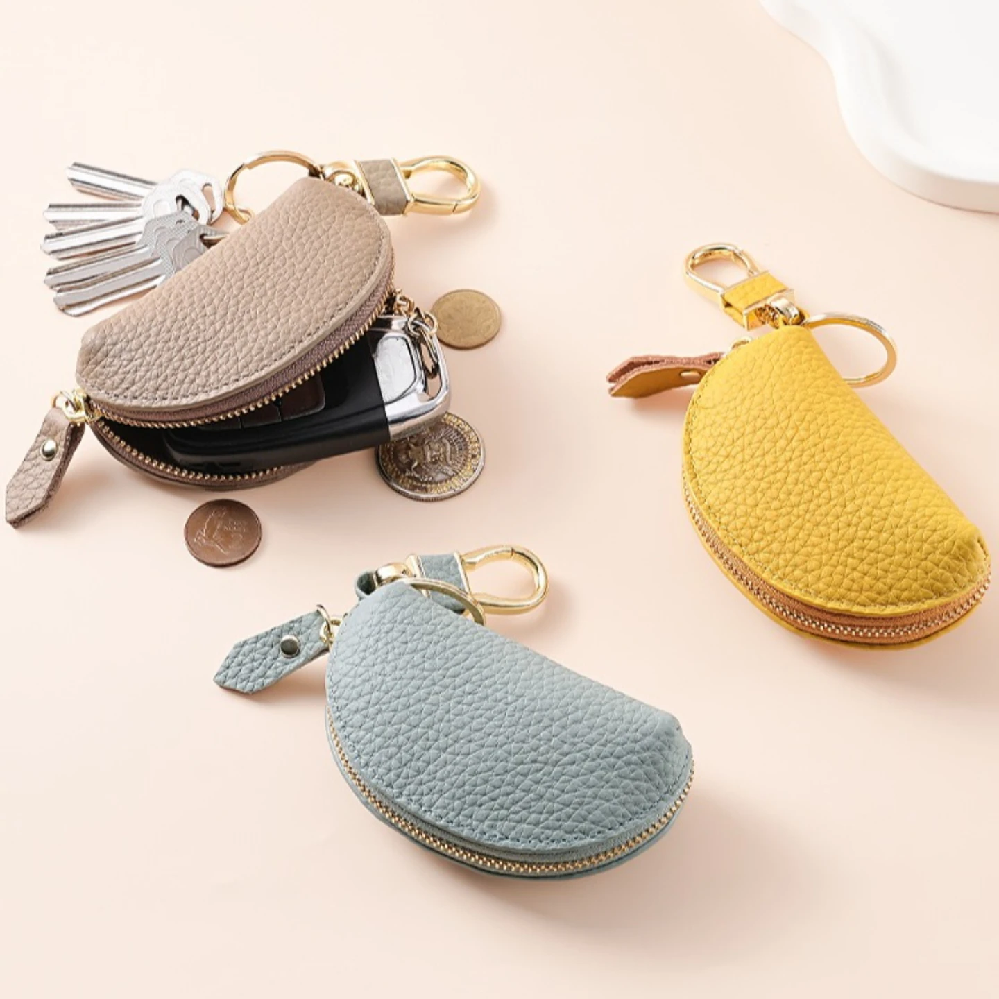 Genuine Leather Mini Coin Purse for Women Cowhide Wallet Keychain Zipper Vintage Money Bag Short Lady Wallet Key Case