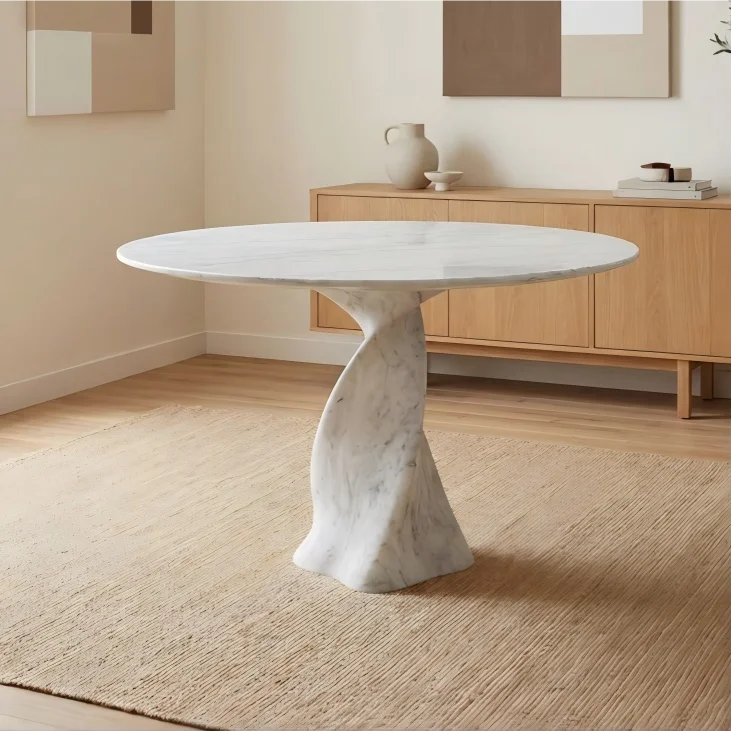 Mesa de Comedor Redonda de Mármol Blanco Carrara y Mármol Negro Marquina de Alta Gama para 6-8 Personas, Diseño Moderno, Muebles para el Hogar