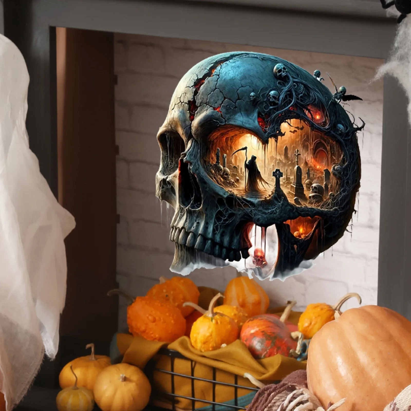 ฮาโลวีน 3D ผลสติกเกอร์ Dark สไตล์โกธิค Skull สติ๊กเกอร์ติดผนังสยองขวัญสุสานธีมตกแต่งบ้านสติกเกอร์