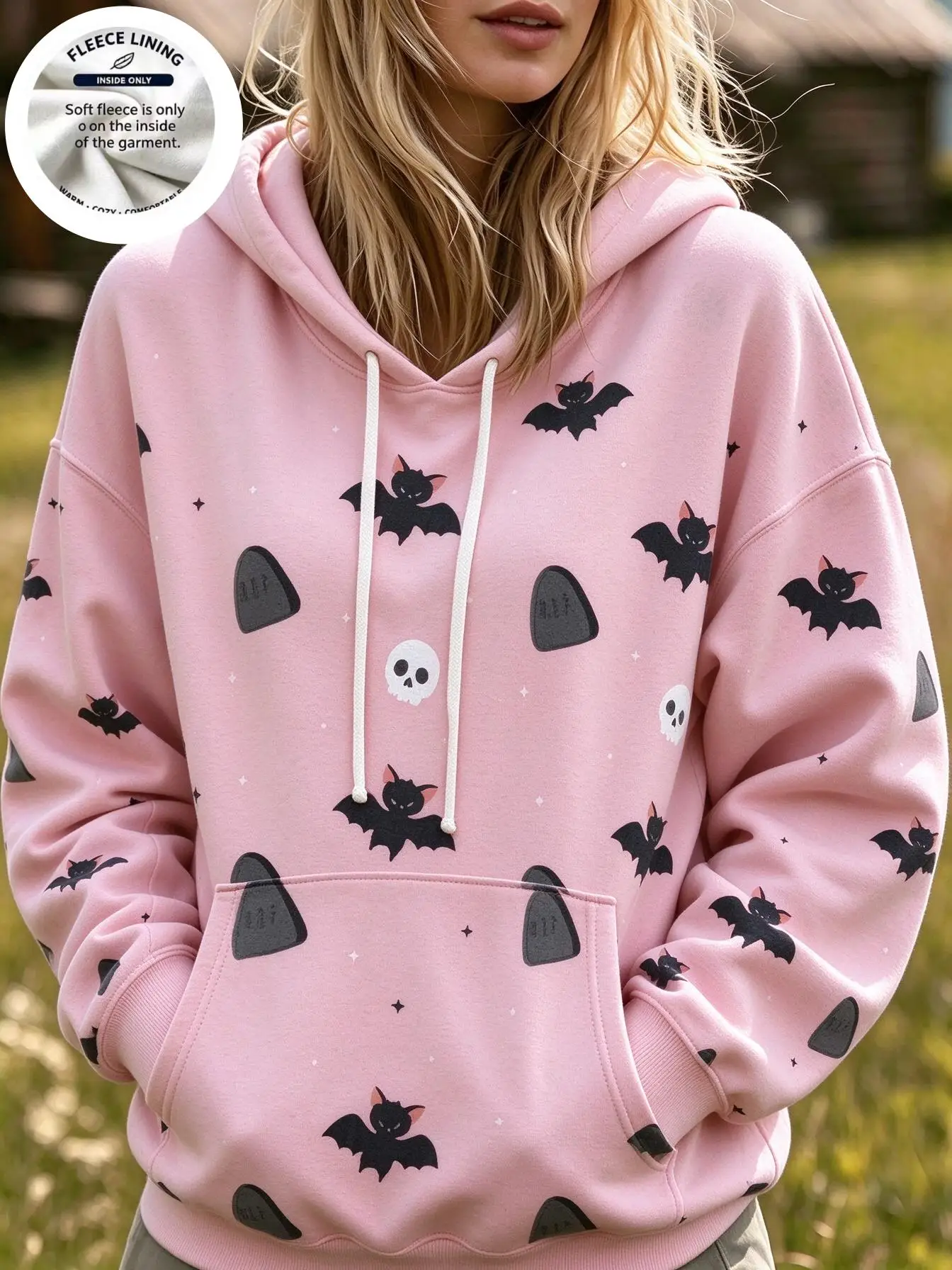 Women Fleece Hoodie Cute Cartoon Halloween Print Hooded Sweatshirt Candy Magic Bottle Bat Pattern Casual Pullover