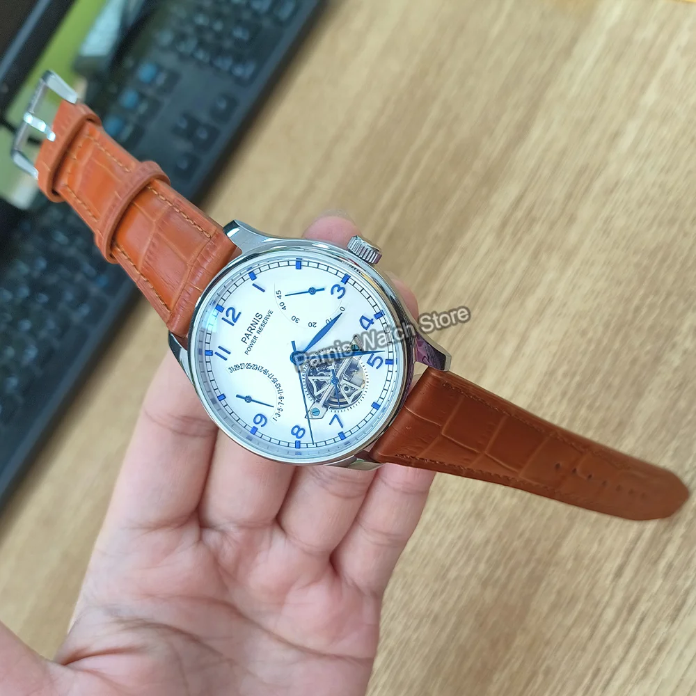 Parnis 43mm Automatic Mechanical Men's Watch Silver Case White Dial Men Power Reserve Skeleton Tourbillon Watches Gift