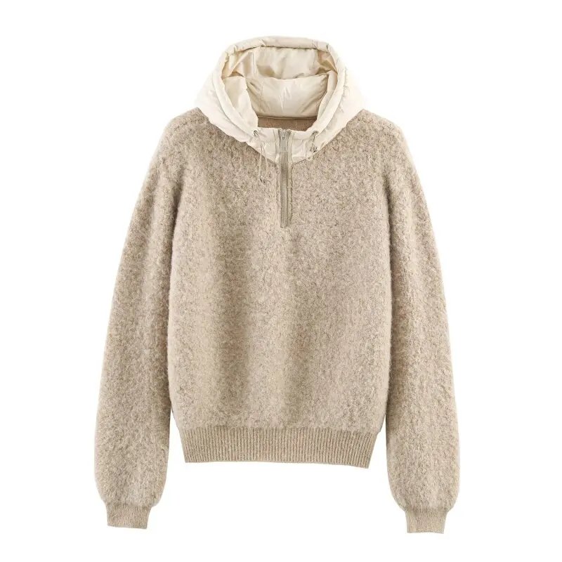 

Women's Fall Trendy Long Sleeve Patchwork Loop Fur Hooded Half Zip Pullover Knit Jumper Outerwear