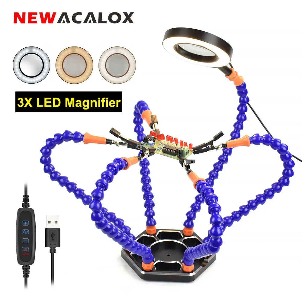 NEWACALOX-abrazadera de mesa para soldar, tercera mano con lupa 3X, ventilador de escape de soldadura, linterna recargable por USB, soporte de