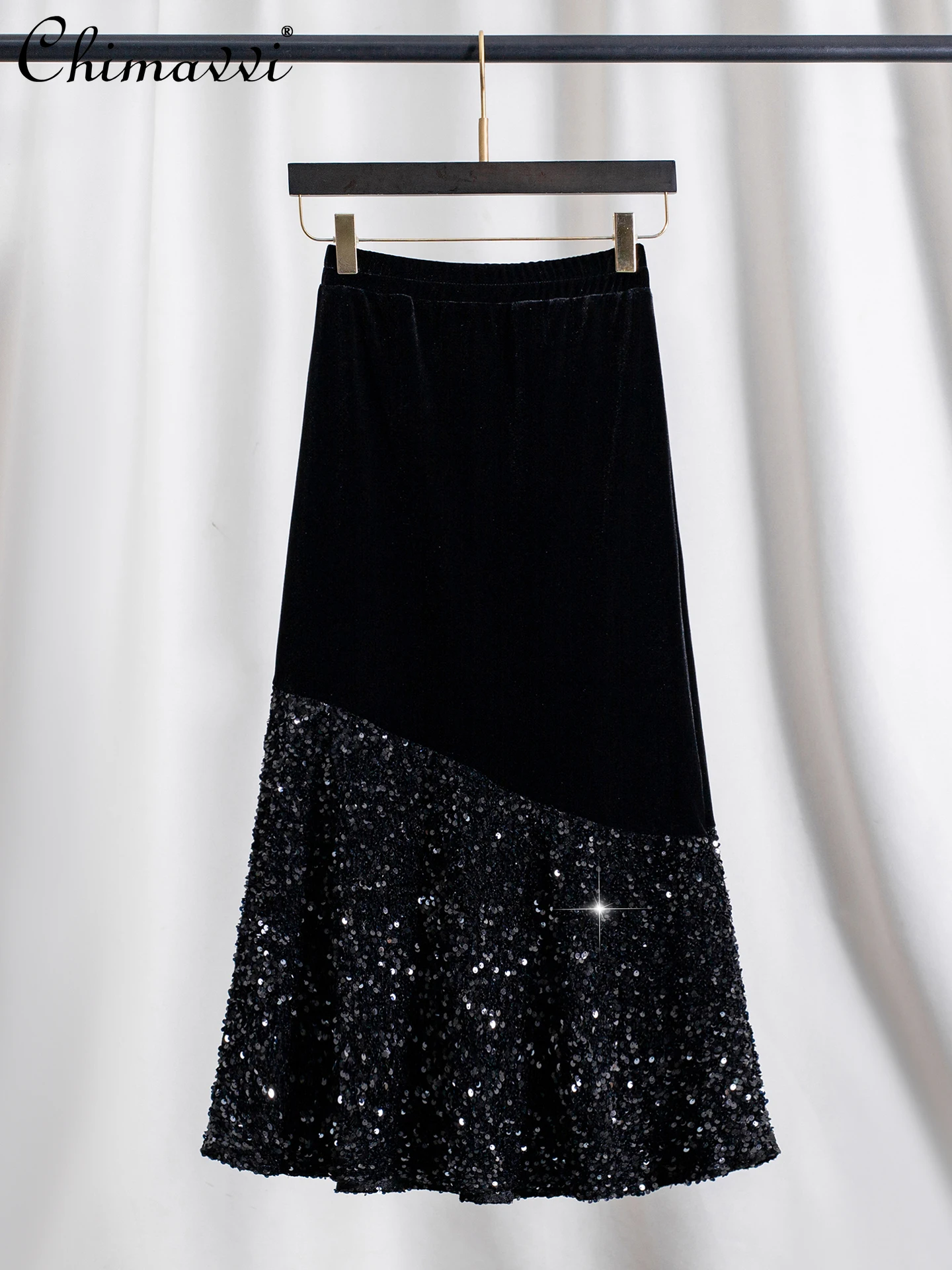 

French Style Elegant Black Sequin Skirts Elastic High Waist Slim Fit Spliced Velvet Versatile Commuting Long Skirt Women Autumn