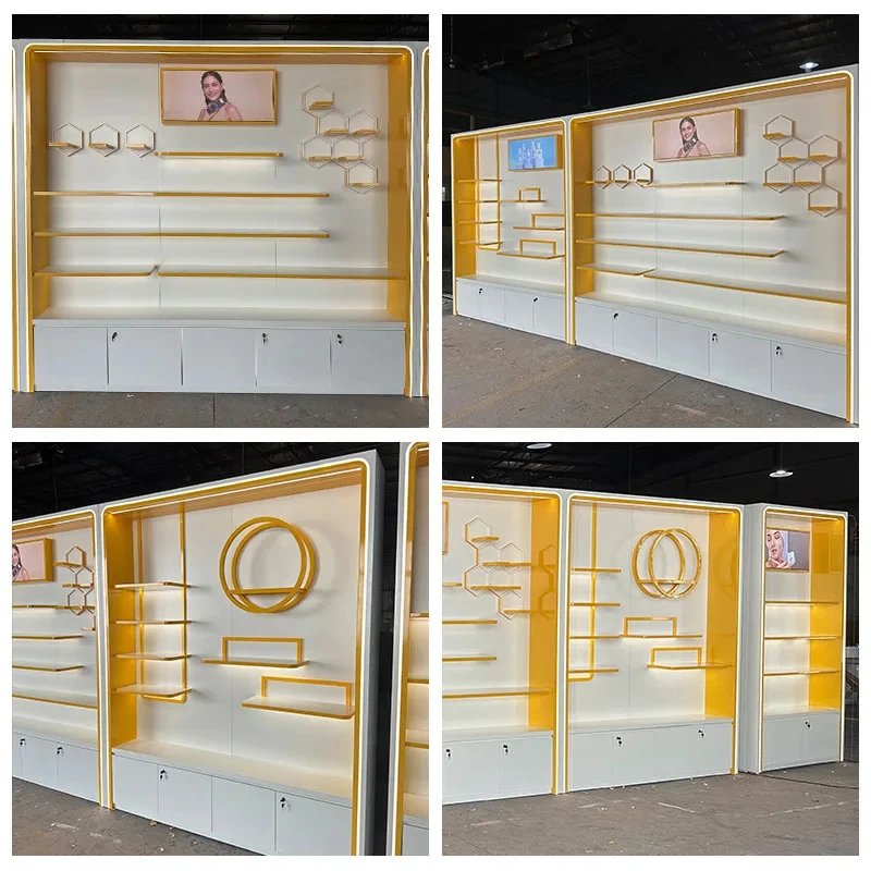 custom.Beauty Salon Baked Paint Cosmetics Display Cabinet Glass Layer Board with Dust-proof Design Customization Display S