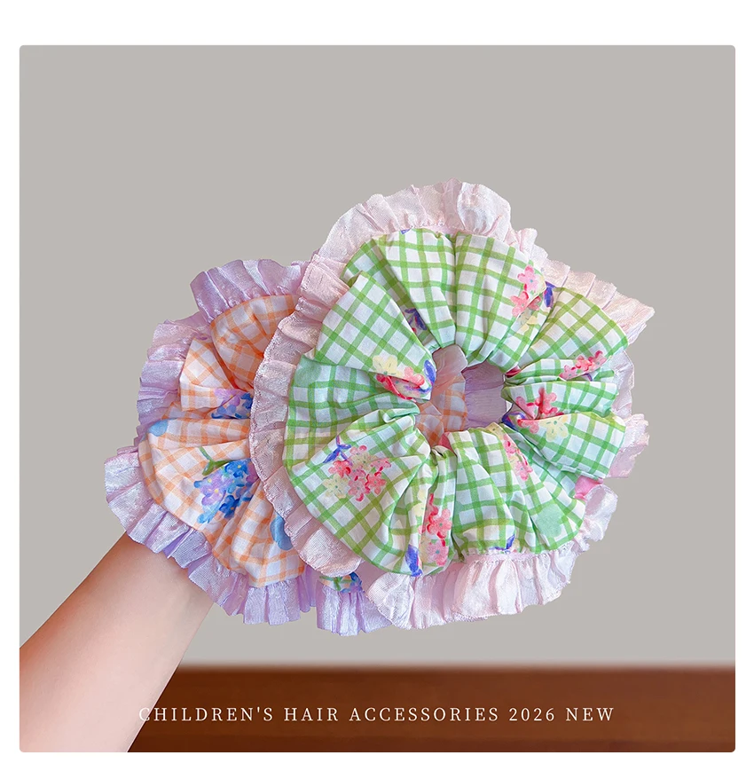 Neues koreanisches Haarband mit kariertem Blumenmuster, Rüschenrand, süßem Chiffonstoff, elastisch, für Damen und Mädchen, Haaraccessoires – Detail 4