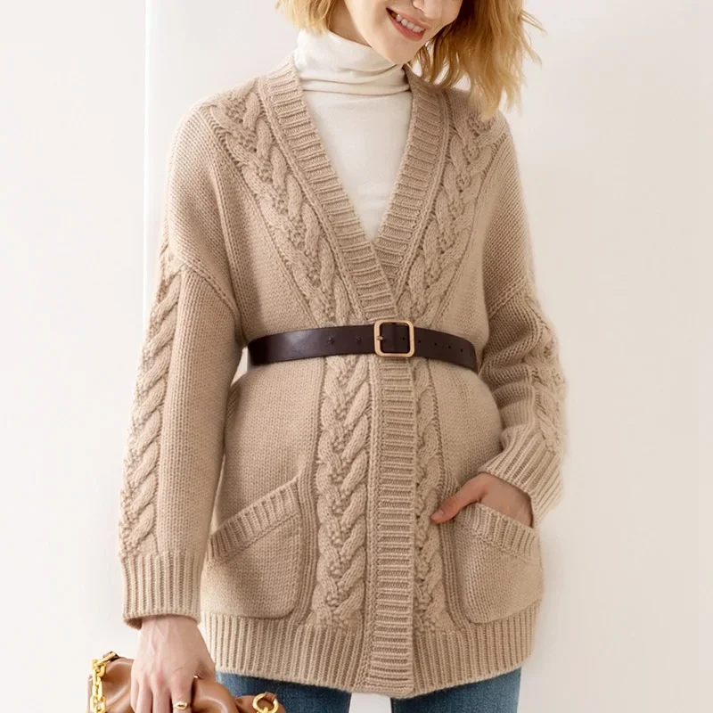 Europe, America 2024 autumn and winter new loose twist medium and long sweater women's coat