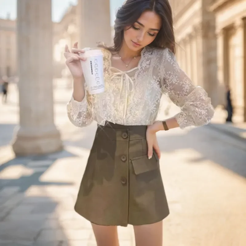 Camisas nuevas para mujer Chic Vintage encaje dulce Puff manga larga Crochet con cordones cuello cuadrado Tops sueltos Blusas 17442