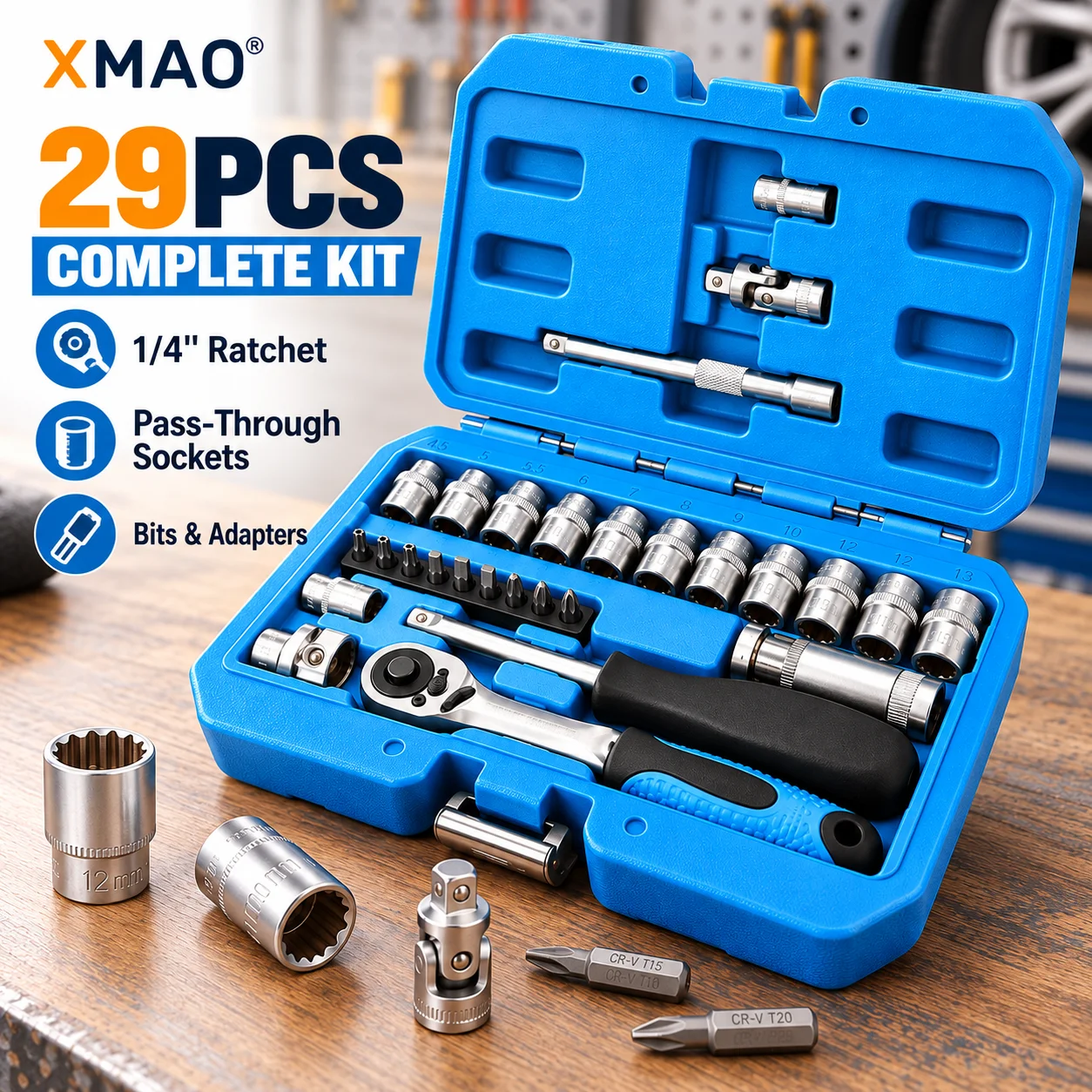 29Pcs 1/4in Pass Through Ratchet Socket Set 4.5-13mm 12 Point Cr-V Wrench Kit with Screwdriver Bits Adapters Storage Case