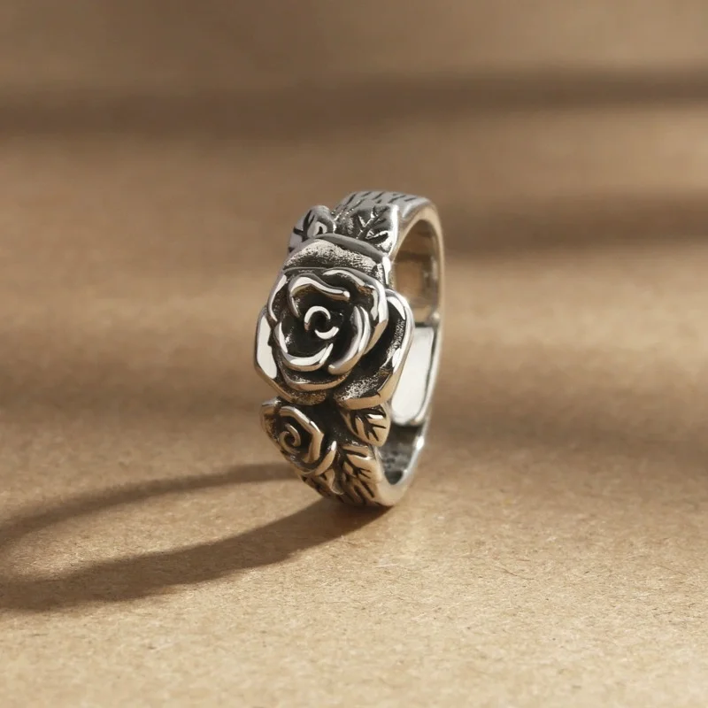 

Buyee 925 Sterling Silver Flower Ring Finger Excellent Rose Open Ring for Woman Man Fashion Gray Ethnic Fine Jewelry Circle