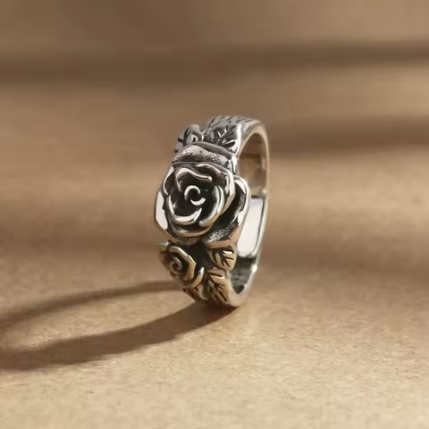 Buyee 925 Sterling Silver Flower Ring Finger Excellent Rose Open Ring for Woman Man Fashion Gray Ethnic Fine Jewelry Circle