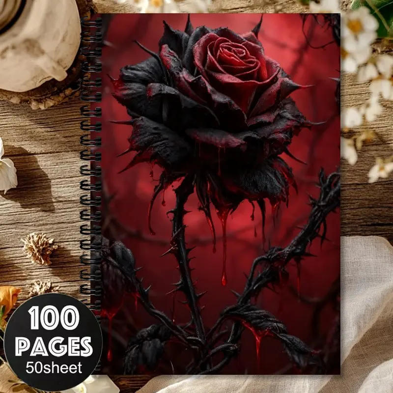 A Gothic spiral notebook with a red rose pattern on the cover-designed for dark fantasy, suitable for writing diaries, offices