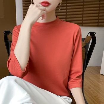 Yaz Sonbahar Yeni Pamuk Kırpılmış Kollu Tişört kadın Yarı Yüksek Boyunlu Tişört Gevşek Kollu Dip Gömlek Üst İçinde
